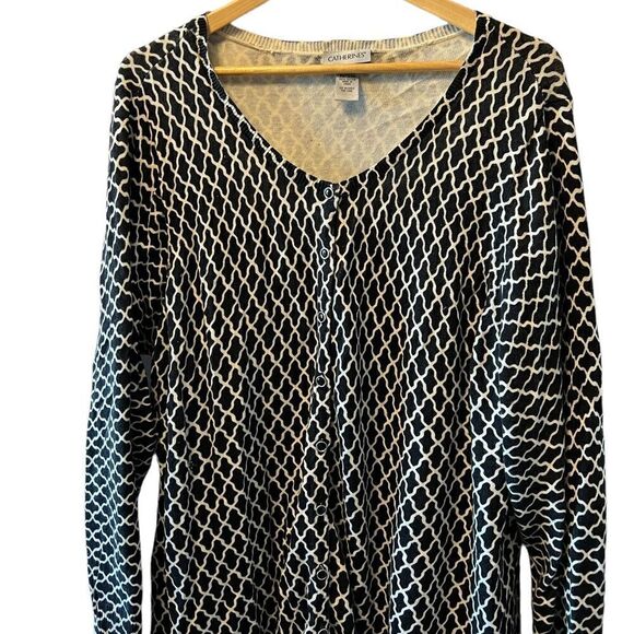 Black & Cream Patterned Button Up Long Sleeve Lightweight Cardigan Sweater 2X - Picture 2 of 6